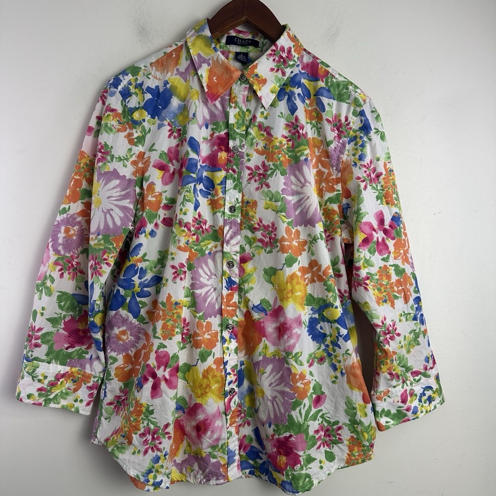 Chaps Classics 100% cotton pink Floral print‎ 3/4 sleeve button front shirt L
